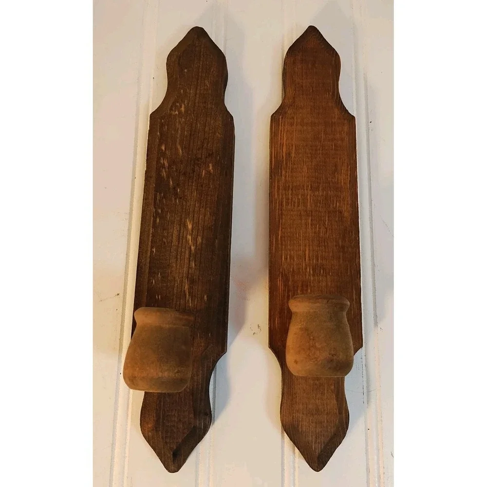 Vtg Wood Wall Candle Sconce Pair Cottage Rustic Farmhouse Country Core MCM Folk